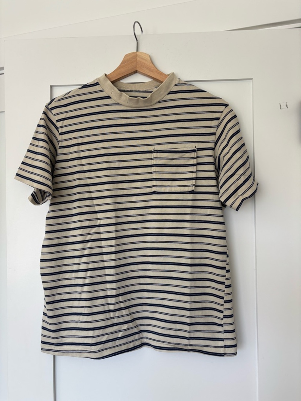 Vintage Beige and Navy Striped Pocket T-Shirt